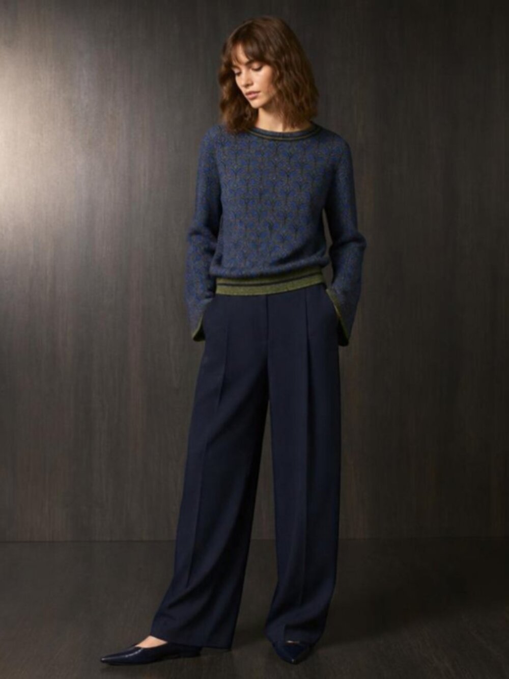 NEW Blue Green Flare Sleeve gold speckles Sweater Medium - Picture 2 of 12